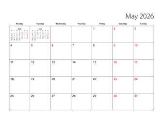 May 2026 simple calendar planner, week starts from Monday.