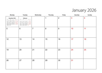 January 2026 simple calendar planner, week starts from Monday.