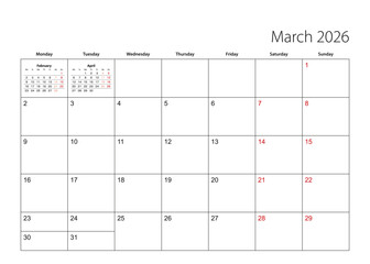 March 2026 simple calendar planner, week starts from Monday.
