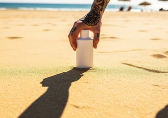Tattooed hand holding a white sunscreen bottle mockup on a sunny beach.