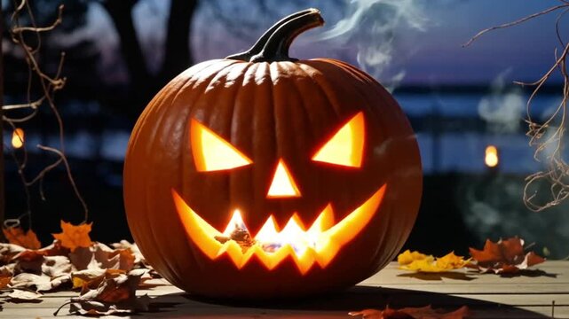 Enchanting portrait of a glowing jack-o&rsquo;-lantern with a spellbound expression.