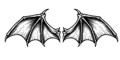 Fototapeta premium Stylized Devil Creature Wings Pair. Black & White Outline Line Art Drawing. Graphic Engraving Illustration. Fantasy, Mythology, & Gothic Design.