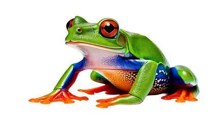 Obraz premium Colorful tree frog with bright green skin, orange feet, and blue legs, showing detailed texture and vibrant colors in lively pose