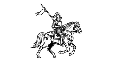 Fototapeta premium Knight Riding Horse with Spear Logo. Vintage Black & White Outline Line Art Drawing. Medieval, Heraldry, & Fantasy Emblem Vector.
