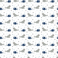 Cute whale and seal seamless pattern for kids ocean decor, textiles, and nursery wallpaper