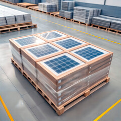 Stacked solar panels wrapped on pallet in warehouse.