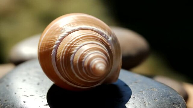 Close-up of a beautifully patterned seashell resting on a smooth stone, with a blurred natural background