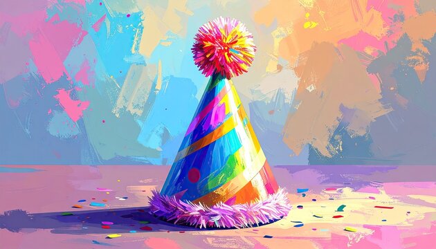 Colorful Party Hat with Pom-Pom on Festive Background - Powered by Adobe