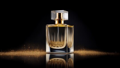 elegant luxury perfume mockup with transparent glass bottle and golden cap on black background