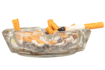 Glass Ashtray with Extinguished Cigarette Inside on White Background