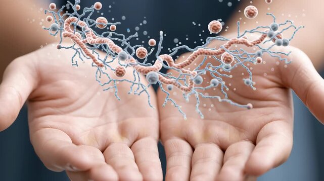 Hands holding 3D neuron model with axon dendrites representing brain science neural connection and microbiome concept showing gut