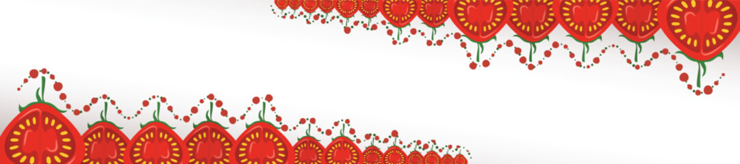 Wide Tomatoes frame for kitchen projects. Border of fresh tomatoes halves. Food theme