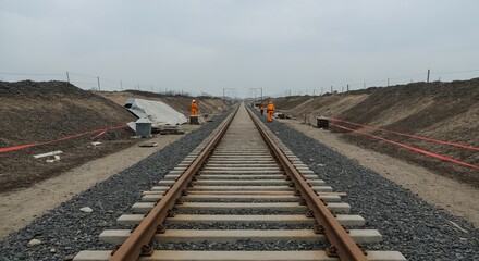 Railway construction site with workers and tracks under development