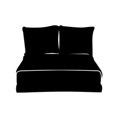 Simple black and white silhouette of a comfortable bed with multiple pillows and bedding elements