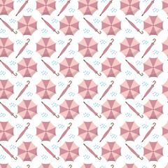 Repeating pattern for autumn, season theme. Seamless pattern with a pink umbrella and rain.