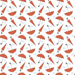 Autumn rain seamless pattern with red parasols, blue drops, folded and open umbrellas for packaging