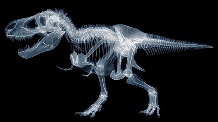 X-ray image of a tyrannosaurus rex dinosaur skeleton showing skull, teeth, and bones for science and paleontology