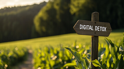 A rustic wooden sign amidst lush greenery points the way to a "Digital Detox", inviting escape and disconnecting from technology for peace and nature.