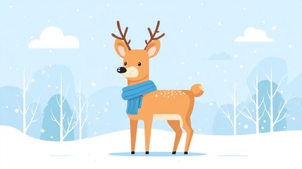 Obraz premium Cartoon deer with blue scarf stands in a snowy winter landscape with bare trees