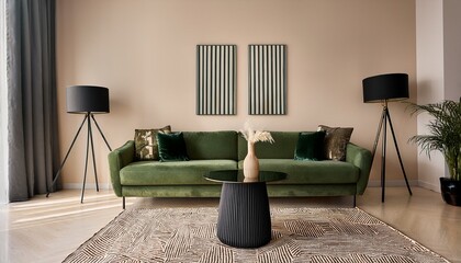 stylish living room with olive green sofa black marble table glass vases minimal lighting and bold line art on soft beige walls