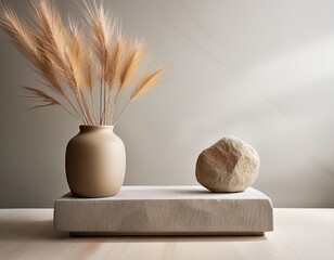 minimalist home decor still life neutral colors stone podium vase dry plants aesthetic design vibrant