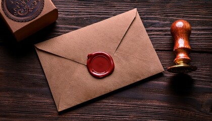 close up brown vintage envelope with rose wax seal and stamp on dark wooden background