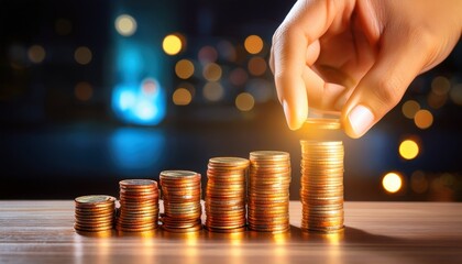 hand placing glowing coin on stack of coins