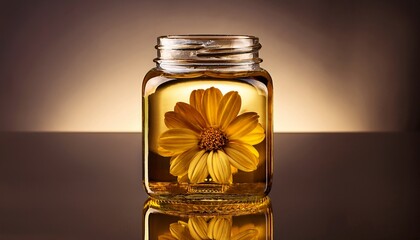 clear jar with golden liquid flower reflection
