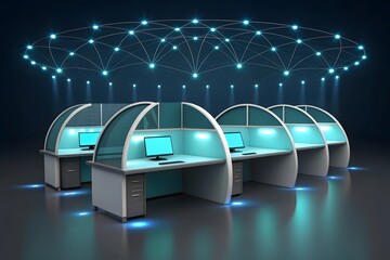Futuristic data center with glowing network connections above cubicles