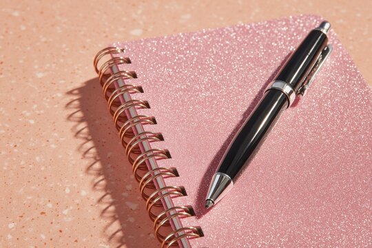 Close-up of a pink glittery pen resting on a glittery pink notebook with a gold spiral binding on a pale peach background - Powered by Adobe