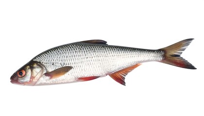 Fototapeta premium A freshwater fish, silver-scaled with reddish fins and eye, is isolated against a white background. Body is elongated and sleek