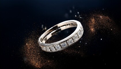 a floating diamond bracelet suspended mid air with shimmering dust sparkles swirling around it on a deep black background