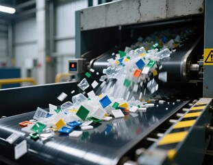 Obraz premium Plastic waste on conveyor belt in recycling facility.
