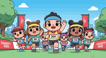 Charity Run Cartoon Diverse Kids Racing for a Cause in a Fun, Energetic Event