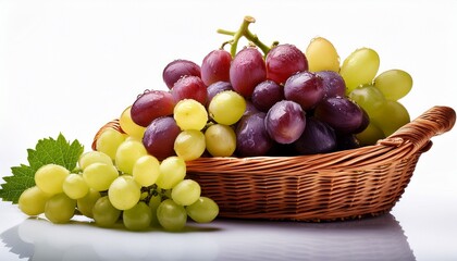 a small basket of mixed grapes with a few sliced open to reveal juicy pulp all glistening with dew placed on white