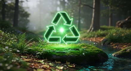 Glowing neon recycling symbol in lush green forest represents environmental protection and eco-friendly initiatives