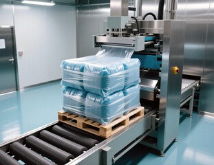 Pallet shrink wrapping machine sealing load on conveyor in clean facility.