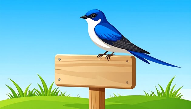 A colorful blue and white bird perches atop a wooden sign, set against a backdrop of green grass and a bright blue sky