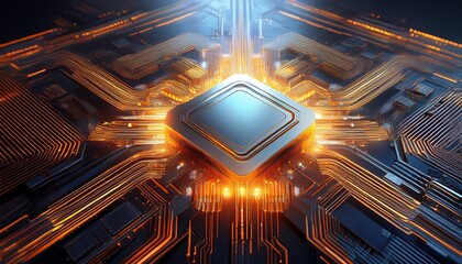 central metallic grey square computer chip glows with orange energy circuit board technology data processing digital innovation