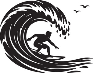 Surfer riding a large wave silhouette isolated on white background