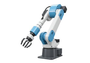 Isolated robotic arm for industrial applications with a futuristic design and blue accents
