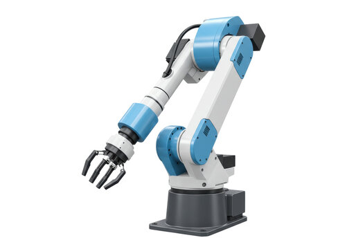 Isolated robotic arm for industrial applications with a futuristic design and blue accents