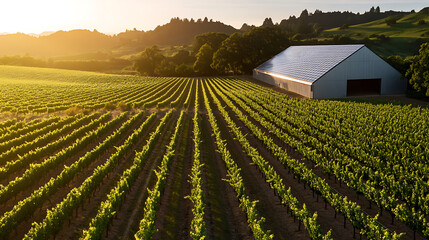 Lush vineyard rows stretch out towards a sunlit horizon, alongside a metal building in this scenic landscape. A testament to rural beauty and agricultural abundance.