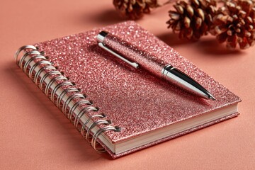 Close-up of a pink glittery pen resting on a glittery pink notebook with a gold spiral binding on a pale peach background