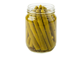 Isolated jar of pickled asparagus spears, gourmet ingredient for antipasto and appetizers