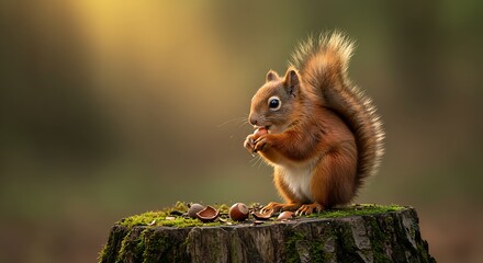 Red squirrel perched on a tree stump eating a hazelnut 