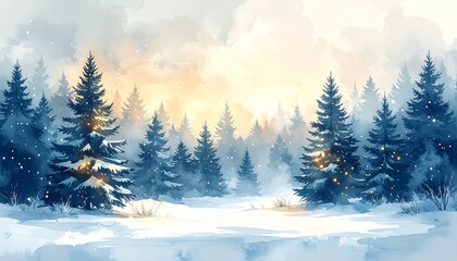 Fototapeta premium Sanfte Aquarell-Tannenbäume, die leicht mit Schnee bedeckt sind