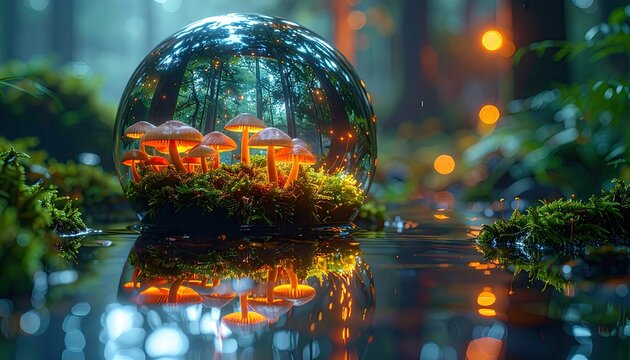 Enchanted Forest Scene: Glowing Mushrooms Inside Crystal Ball