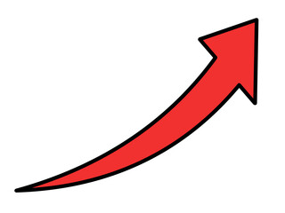 上昇する赤いカーブした矢印のイラスト　黒い輪郭線あり