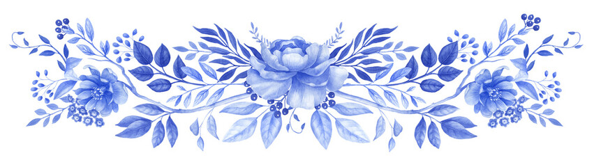 Chinoiserie border, watercolor blue flower frame, porcelain flower